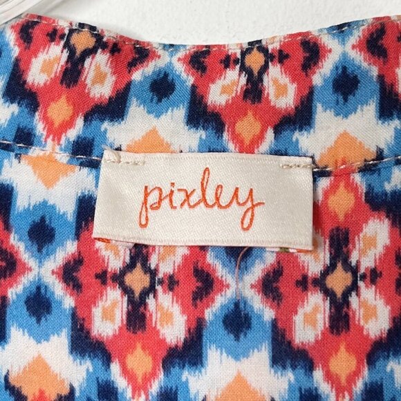 Pixley Women's Sleeveless Top L Ikat Print Blue Red 1/4 Button V-Neck Tank Rayon - Picture 6 of 7